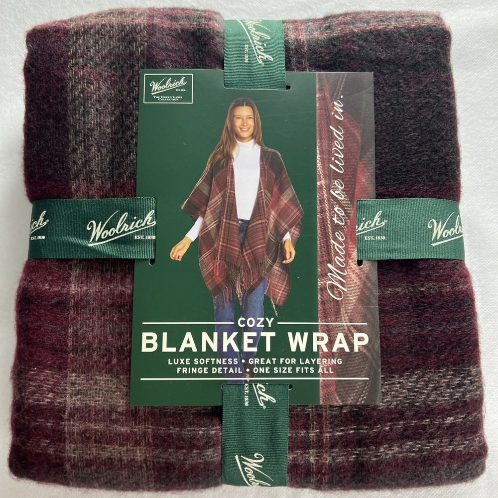 Woolrich Cozy Blanket Wrap One Size Burgundy Alex Plaid Winter Outdoors A39